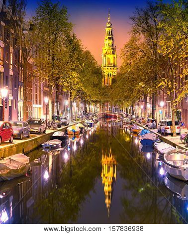 South Church Zuiderkerk And Amsterdam Canals At Dusk