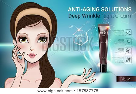 Retinol anti-aging cream ads. Vector Illustration with Manga style girl and Vitamin A cream tube.
