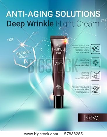 Retinol anti-aging cream ads. Vector Illustration with Vitamin A cream tube.
