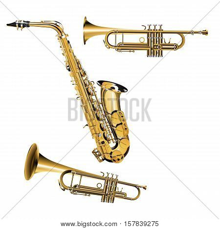 vector illustration of trumpet in different projections with silver and gold items Saxophone
