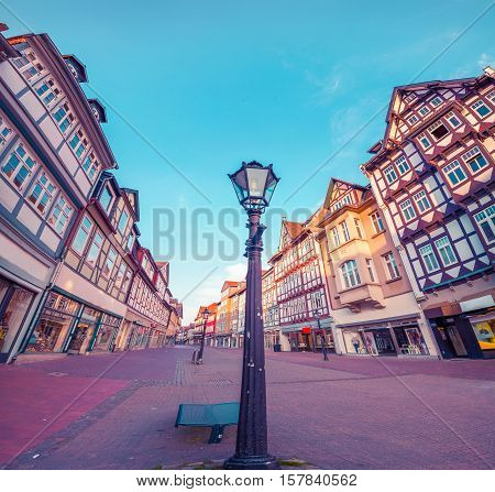 Colorful morning scene in the Wolfenbuttel village. Facade of the authentic fahverk houses. Wolfenbuttel Germany Europe. Instagram toning.