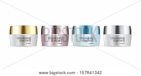 Collagen and Elastin cream in different color of packages. Vector illustration of realistic cream containers isolated on white background.