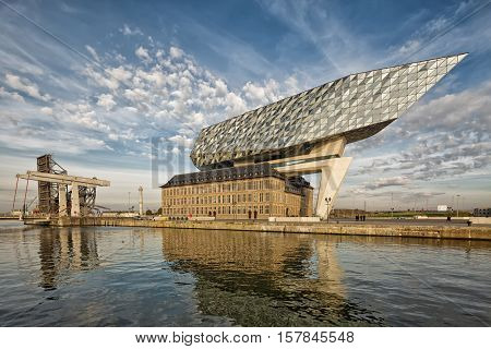 Antwerp Belgium - October 2016: The new Port House in Antwerp repurposes renovates into a new headaquarters for the port creates by Zaha Hadid her last project
