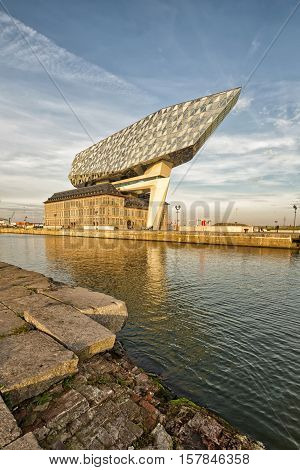 Antwerp Belgium - October 2016: The new Port House in Antwerp repurposes renovates into a new headaquarters for the port creates by Zaha Hadid her last project