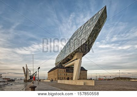 Antwerp Belgium - October 2016: The new Port House in Antwerp repurposes renovates into a new headaquarters for the port creates by Zaha Hadid her last project