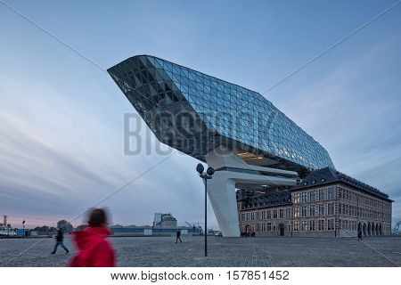 Antwerp Belgium - October 2016: The new Port House in Antwerp repurposes renovates into a new headaquarters for the port creates by Zaha Hadid her last project
