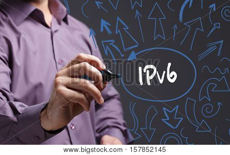 Technology, Internet, Business And Marketing. Young Business Man Writing Word: Ipv6