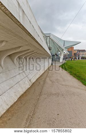 LIEGE BELGIUM - December 2014: Side view of the Liege-Guillemins railway station designed by Santiago Calatrava.