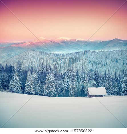 Forester's Hut Covered With Snow In The Mountains At Sunrise.