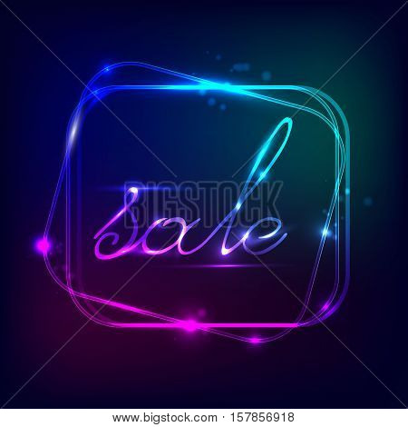 Neon square. Neon blue light. The vector of the electric frame. Vintage frame. Retro neon lamps. With text discount. Glowing neon background. Abstract electric background.