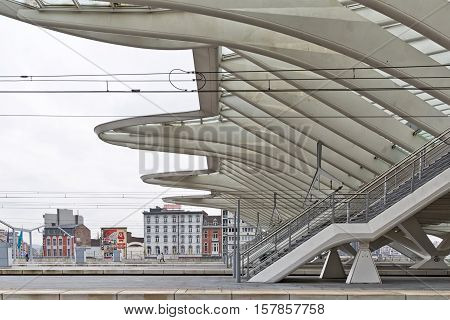 LIEGE BELGIUM - December 2014: Detailed roof of the Liege-Guillemins railway station designed by Santiago Calatrava.