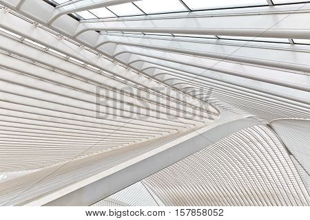 LIEGE BELGIUM - December 2014: Abstract view on the roof of the Liege-Guillemins railway station designed by Santiago Calatrava.