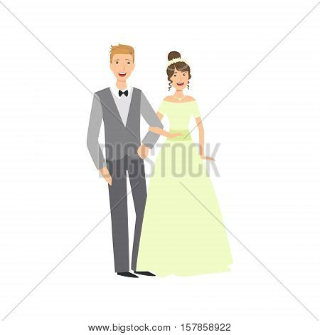 Bride And Groom Newlywed Couple In Traditional Greenish Wedding Dress And Suit Smiling And Posing For Photo. Happy Young Couple On A Wedding Day In Classic Clothing Vector Illustration.