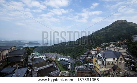 Mountain landscape at Jiufen Taipei city Taiwan under blue sky