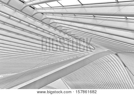 LIEGE BELGIUM - December 2014: Abstract view on the roof of the Liege-Guillemins railway station designed by Santiago Calatrava. Black and white photograph