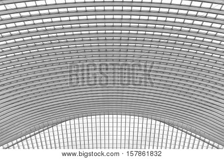LIEGE BELGIUM - December 2014: Abstract view on the roof of the Liege-Guillemins railway station designed by Santiago Calatrava. Black and white photograph