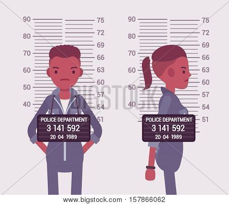 Mugshot of a young black woman taken after arrest. Cartoon vector flat-style concept illustration