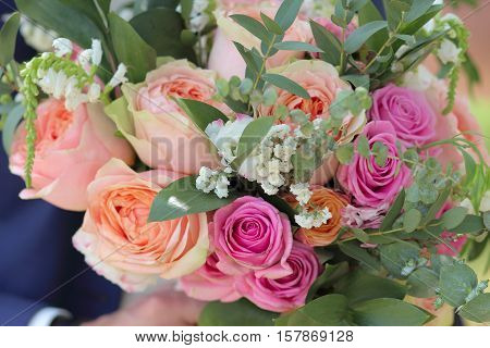 Wedding Bouquet Of Peach Roses By David Austin,  Single-head Pink Rose Aqua, Eucalyptus, Ruscus, Gyp