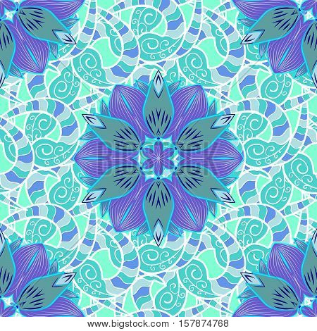 Blue Lace. Round Lace Pattern On An Doodles Background. Raster.
