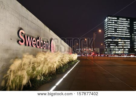 VILNIUS NOVEMBER 22: Detail of the Head Office of Swedbank on November 22 2016 in Vilnius Lithuania. Swedbank is the leading bank in Sweden Estonia Latvia and Lithuania.
