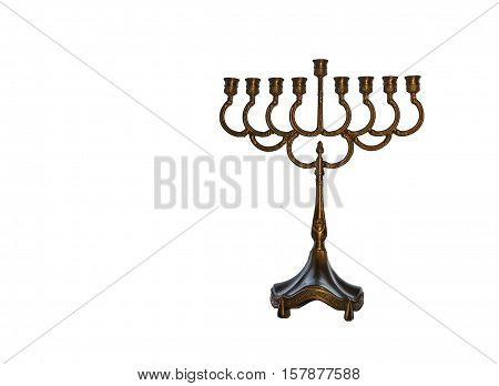 Menorah is traditional candelabra for Hebrew Holiday. Image isolated on white background