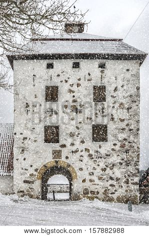 View of a snow covered Hovdala Castle in Hassleholm region. Hovdala Castle is a castle in Hassleholm Municipality Scania in southern Sweden.