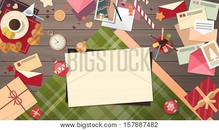 Decorated Workspace Desk Copy Space Top Angle View Flat Vector Illustration