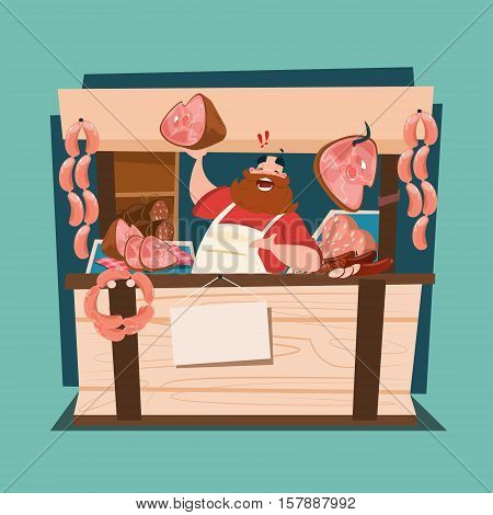 Farmer Sell Pork Meat Products On Eco Farm Organic Market Flat Vector Illustration