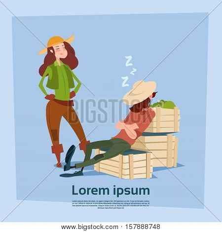 Country Woman Stand At Farmer Countryman Sleeping On Boxes Flat Vector Illustration