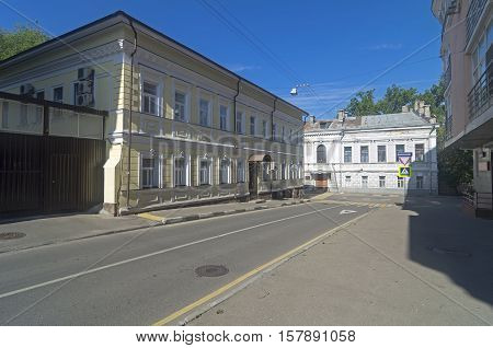 MOSCOW RUSSIA - JULY 31 2016: The architecture of old Moscow. Crossing of Martynovsky and big Drovyanoy lanes. Sunny morning in July.