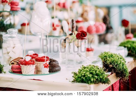 Dessert Sweet Tasty Cupcakes, Macarons And Cookies In Candy Bar On Table. Delicious Sweet Buffet. Wedding Holiday Decorations