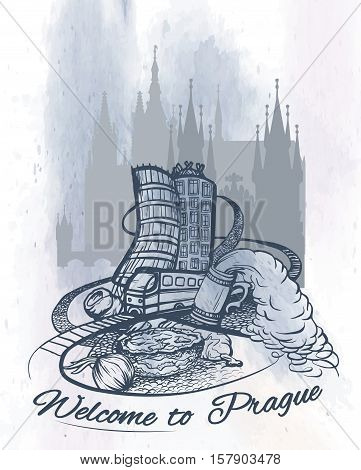 Welcome to Prague poster, banner, sticker with Czech capital landmarks. Line drawing on watercolor background.Vector illustration
