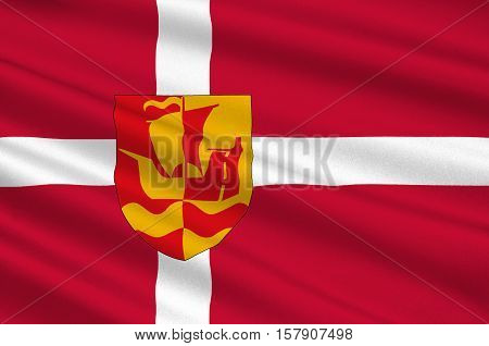 Flag of Guldborgsund is a municipality in Denmark in Region Sjælland on the island of Zealand. 3d illustration