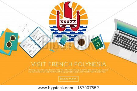 Visit French Polynesia Concept For Your Web Banner Or Print Materials. Top View Of A Laptop, Sunglas