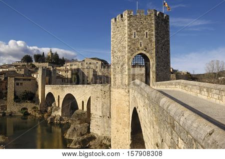 medieval bridge and village of Besalú in La Garrotxa Girona Spain