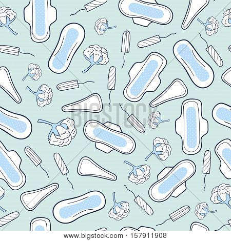 Seamless pattern with sanitary napkins and tampons. Feminine hygiene. Vector background.