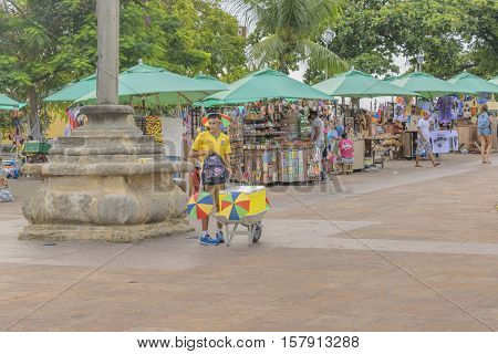 OLINDA, BRAZIL, JANUARY - 2016 - People at street market fair in Olinda town at Pernambuco Brazil