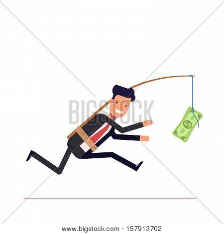 Businessman or manager is running after money. Greedy man in a business suit with attached rod and dollar. Vector, illustration EPS10