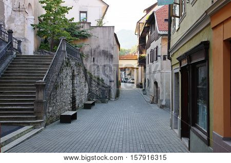 Gmina Škofja Loka, Škofja Loka Slovenia - September 25 2016: old town, Blazeva Street. Typical architecture.