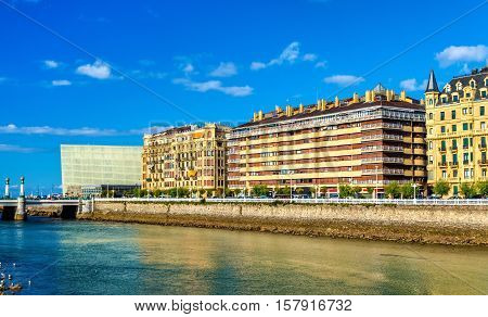 Buildings in San Sebastian at the river Urumea - Spain