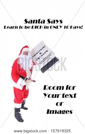  Santa Claus plays with Matches. Santa has a Giant Book of Matches. Santa Claus strikes a match. Isolated on white with room for your text. Santa is a pyromaniac. 