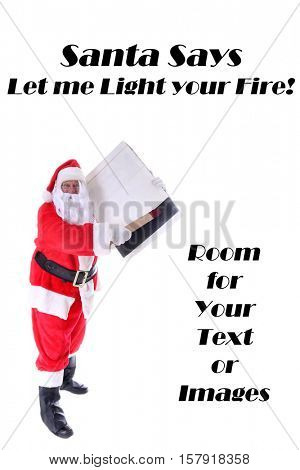  Santa Claus plays with Matches. Santa has a Giant Book of Matches. Santa Claus strikes a match. Isolated on white with room for your text. Santa is a pyromaniac. 