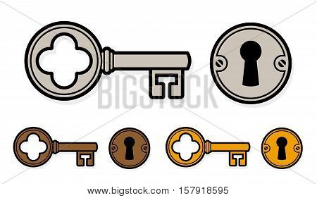Vintage style cartoon key with lock and round escutcheon in three different colors for brass bronze and silver or steel isolated on white