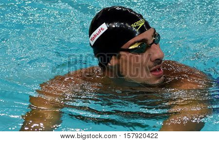 Hong Kong China - Oct 29 2016. American syrian swimmer Azad Al Barazi in the finish. FINA Swimming World Cup Preliminary Heats Victoria Park Swimming Pool.