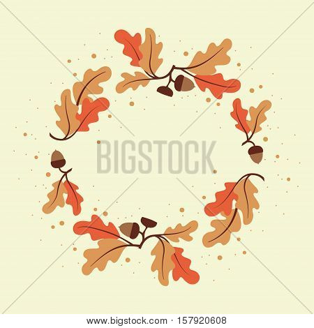 Decorative wreath of oak leaves and acorns. Circular vector ornament in hand drawing style.