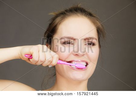 Woman Brushing Cleaning Teeth