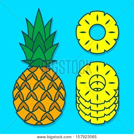 Vector cartoon of pineapple and its slices stacked over blue background