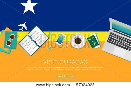 Visit Curacao Concept For Your Web Banner Or Print Materials. Top View Of A Laptop, Sunglasses And C