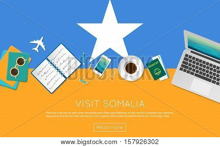 Visit Somalia Concept For Your Web Banner Or Print Materials. Top View Of A Laptop, Sunglasses And C