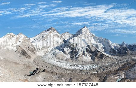 Beautiful view of mount Everest Lhotse and nuptse from Pumo Ri base camp - way to Everest base camp Khumbu valley Sagarmatha national park Nepal